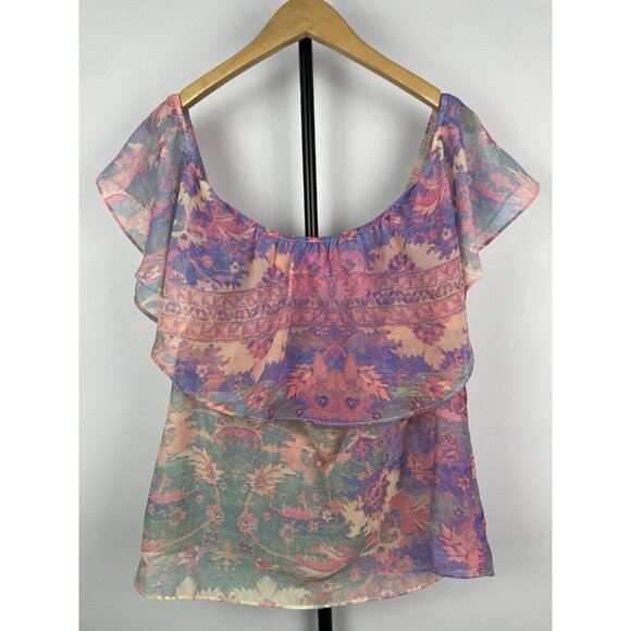 Show Me Your Mumu Chiquita Multicolor Watercolor Sheer Flowy Off Shoulder Top M - Picture 1 of 6